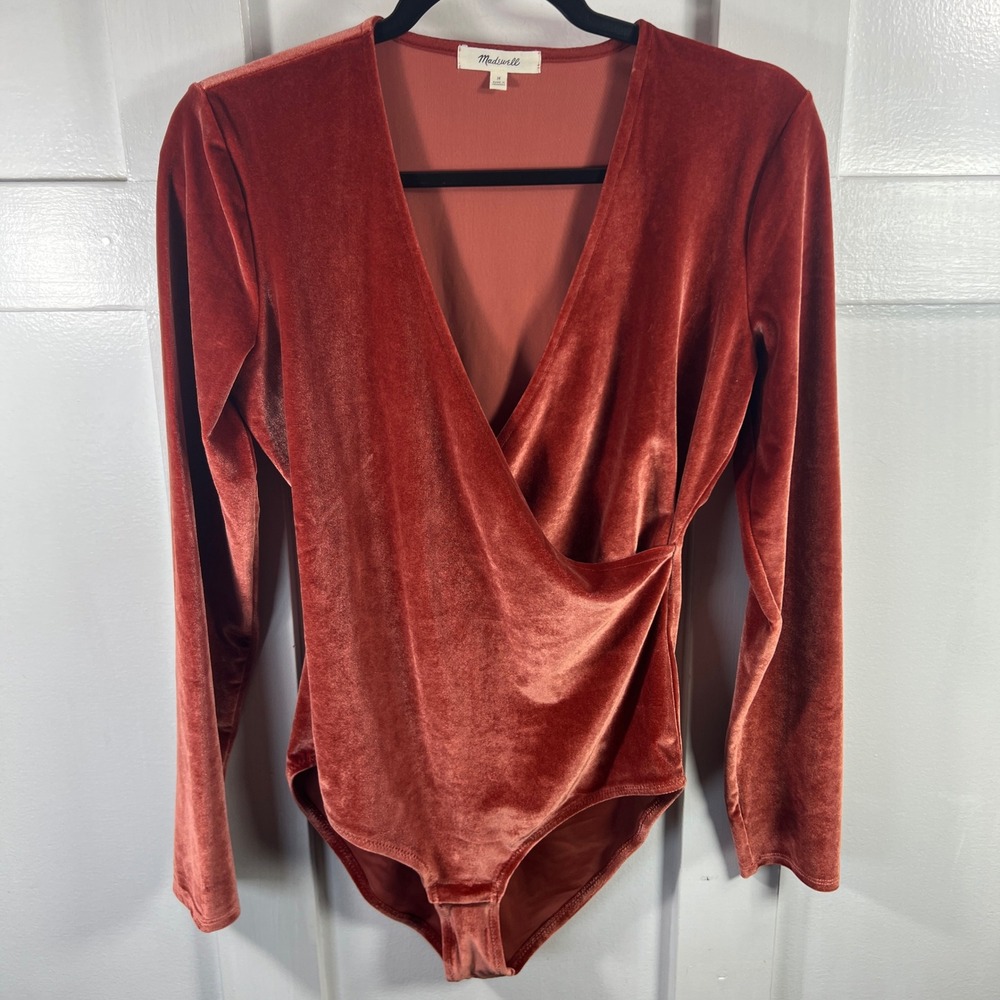 Madewell Velvet Surplice Bodysuit Rust Orange Long Sleeve V-Neck M